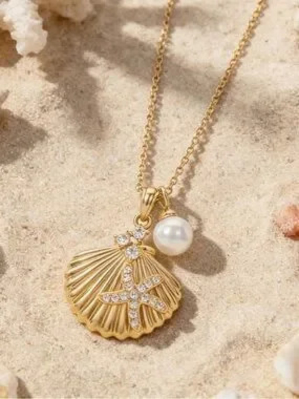Anthropologie Gold Shell Pendant Necklace with Pearl & Crystal Starfish